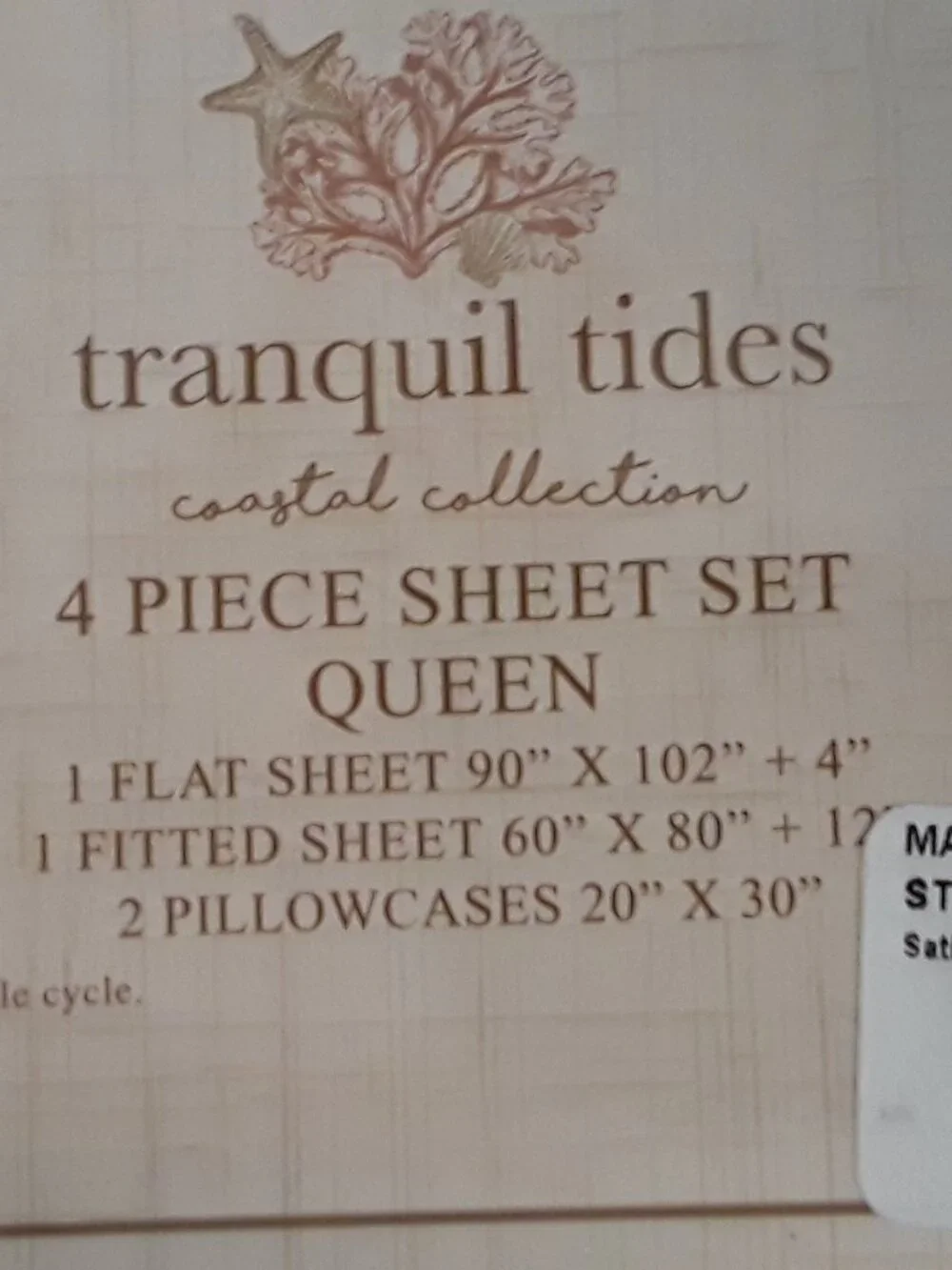 NWT Queen Sheets-Tranquil Tides Coastal Collection 4-piece set shells starfish